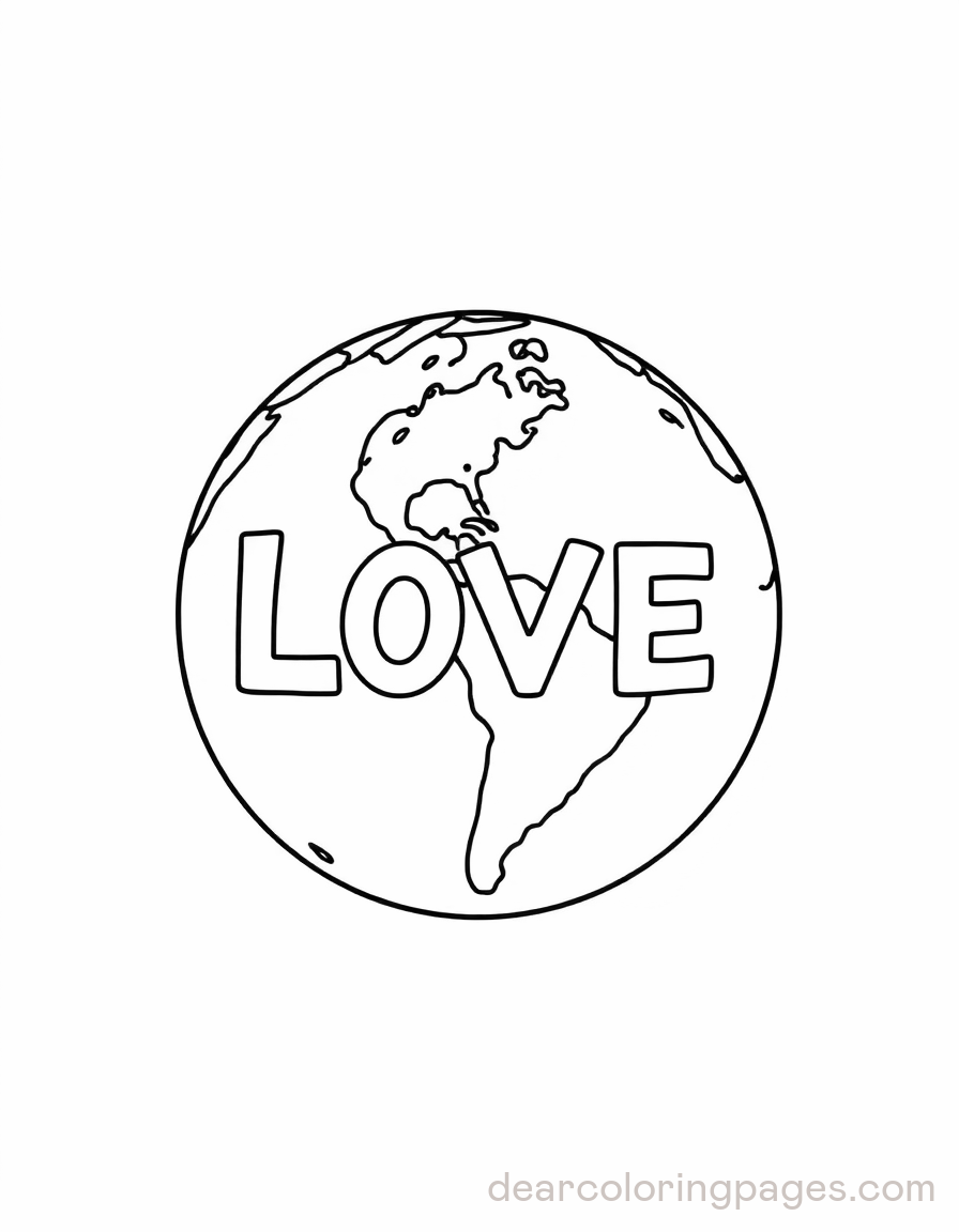 Earth Coloring Page - Earth with "LOVE" Text